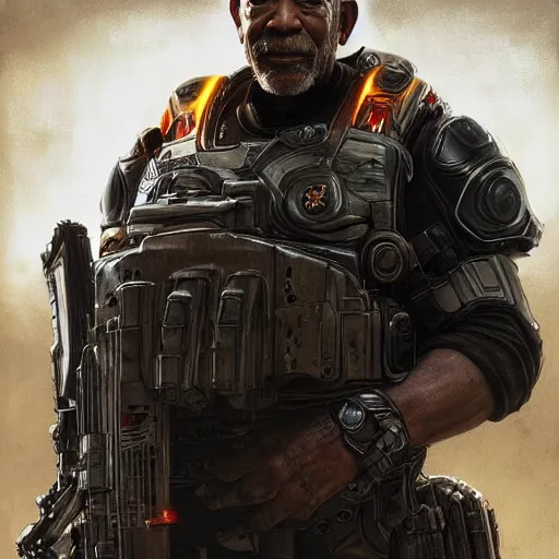 Image similar to morgan freeman as a soldier in gears of war 3 intricate, elegant, highly detailed, digital painting, artstation, concept art, matte, sharp focus, rendered in unreal engine, art by artgerm and greg rutkowski and alphonse mucha