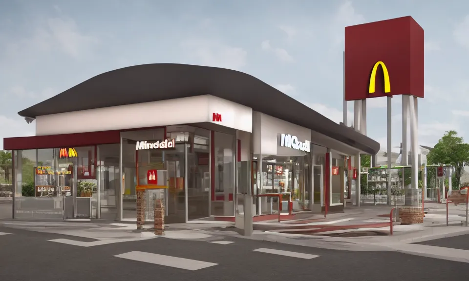 Image similar to exterior shot of a mcdonalds, abstract architecture, archviz, render, highly detailed, 4 k, surrealistic, ultra realism
