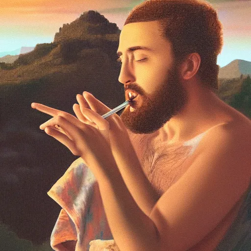 Prompt: a ultra detail picture portrait of Mac Miller and Jesus smoking a joint in heaven, 8k, photorealistic