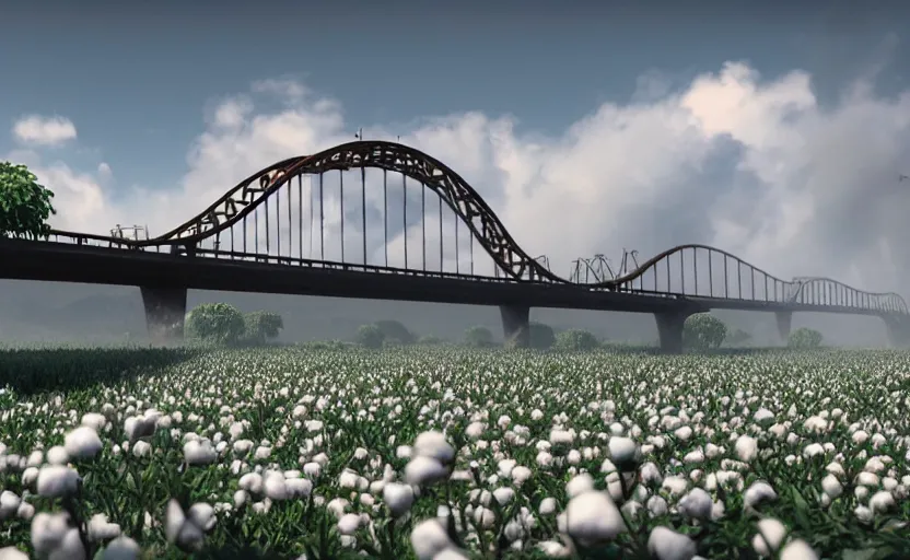 Image similar to a big bridge destroyed by enormous cotton plants, 3 d octane render, epic lighting, 8 k, by goro fujita