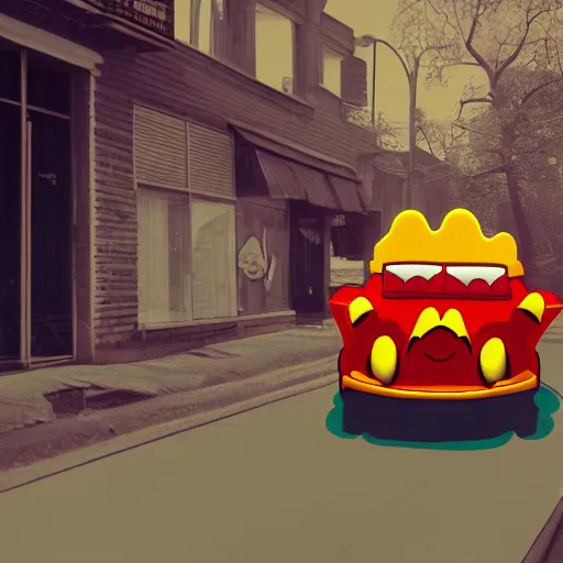 Image similar to Ronald McDonald driving through the Ghetto in his little clown car. Digital art. MC Donalds commercial style