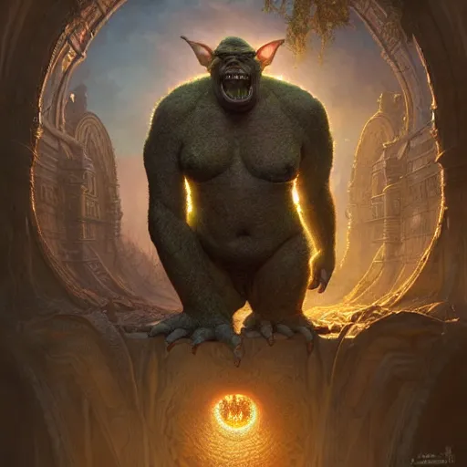 Image similar to a hyperrealistic illustration of a mix of an oger and giant and goblin, 8 k ultra realistic creature, detailed intricate, with fractal sunlight, award - winning, masterpiece, in the style of tom bagshaw, cedric peyravernay, peter mohrbacher