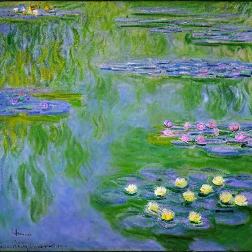 Image similar to Water Lilies, Claude Monet, masterpiece, 4k art gallery scan, oil on canvas (deframed),Blue and dark green and purple