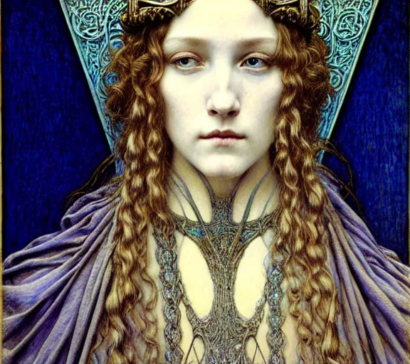 Image similar to detailed realistic beautiful young medieval queen face portrait by jean delville, gustave dore and marco mazzoni, art nouveau, symbolist, visionary, gothic, pre - raphaelite. horizontal symmetry