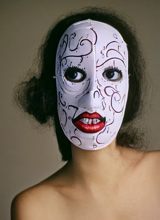 Image similar to a fashion portrait photograph of a woman wearing a plastic mask designed by tim burton, 3 5 mm, color film camera, pentax