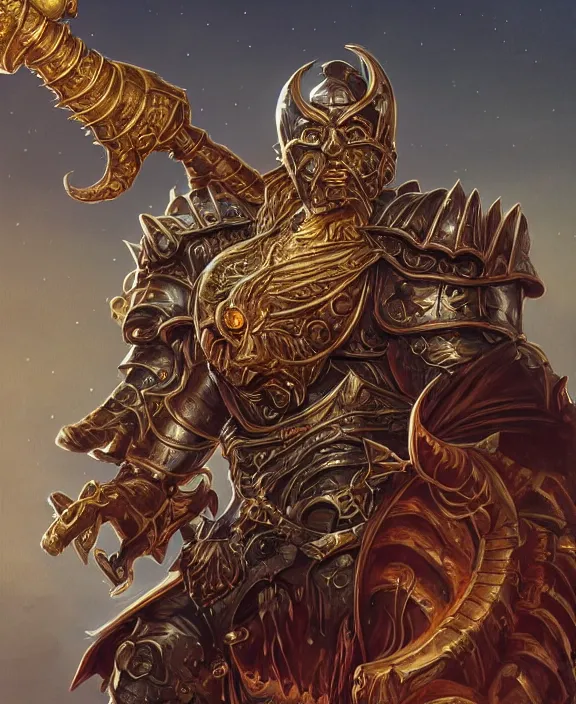 Image similar to final boss warrior, fantasy, man, gilded shiny armour, contrast, highly detailed, digital painting, artstation, concept art, wallpaper, smooth, sharp focus, illustration, illumination, art by larry elmore, jeff easley, clyde waldwell, keith parkinson, daniel r horne