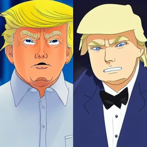 Image similar to Donald Trump as an anime character from Studio Ghibli