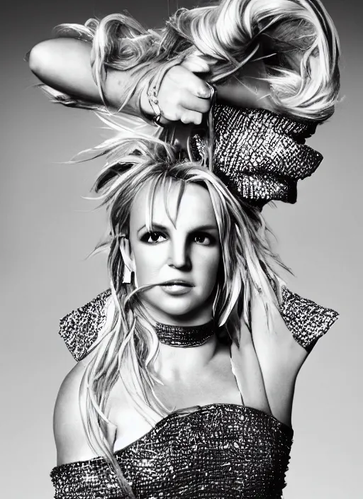 Image similar to britney spears styled by nick knight posing, vogue magazine, highly realistic. high resolution. highly detailed. dramatic. 8 k. 4 k.