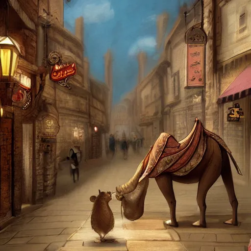 Prompt: A cute mouse riding a camel through a narrow street full of pubs in Victorian London, digital art, trending on Artstation