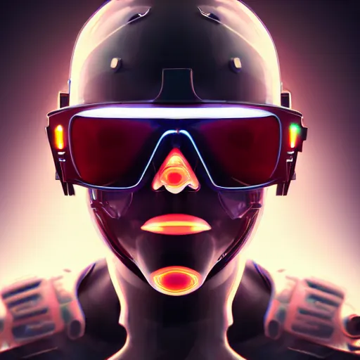 Prompt: Male cyborg, battle-damaged, wearing facemask and sunglasses, backlit by neon, headshot, high concept sci-fi, wires, cables, lenses, gadgets, Digital art, detailed, anime