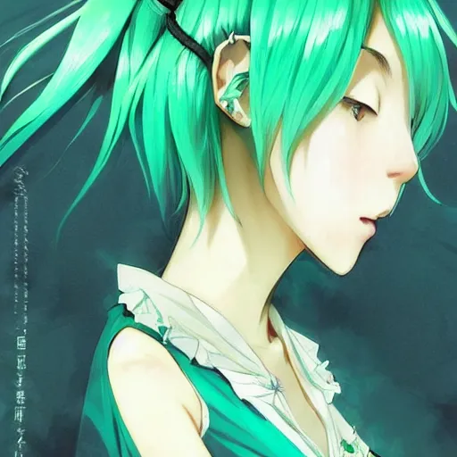 Image similar to hatsune miku short hair, anime style, hyper detailed, light green dress, illustration, digital painting, art by artgerm and greg rutkowski and alphonse mucha, high delicate defined details, anime stylized, highly detailed, realistic, sharp focus, styled by rhads