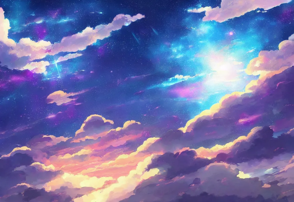 Image similar to breathtaking digital painting of the sky of kimi no na wa, by celestialfang, ghibli, pastel colors and shooting star in northern light love, lovers under skies