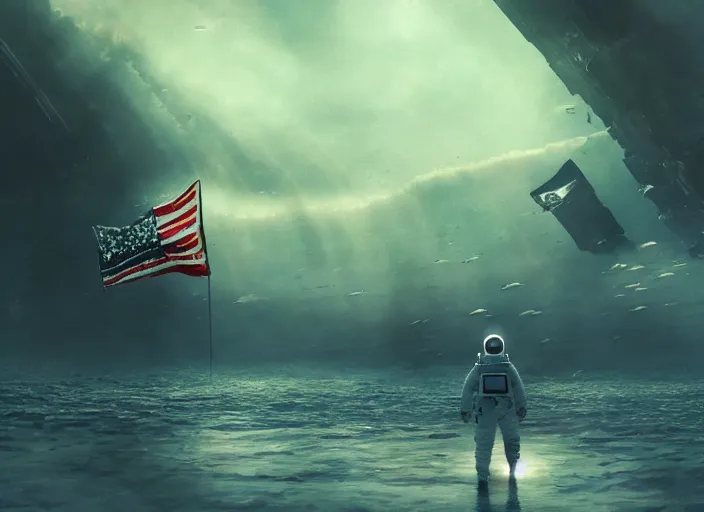 Image similar to astronaut holding a flag in an underwater desert. a submarine is visible in the distance. dark, concept art, cinematic, dramatic, atmospheric, 8 k, trending on artstation, blue, fish, low visibility, fog, ocean floor, christopher nolan, interstellar