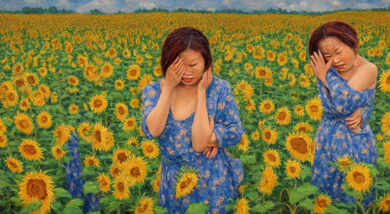 Image similar to impressionist style painting of asian woman crying with hands on broken back, field of sunflowers, overcast weather