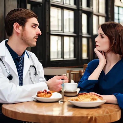 Image similar to A beautiful aesthetic portrait of a male engineer and a female doctor sitting in a victorian style cafe in Miami, 8k,