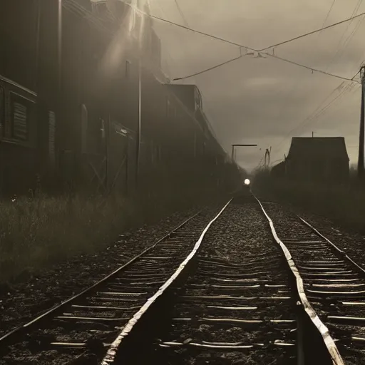 Image similar to justin sun tied to train tracks, bound in rope and chains, beautiful cinematic lighting, epic composition, approaching train headlight