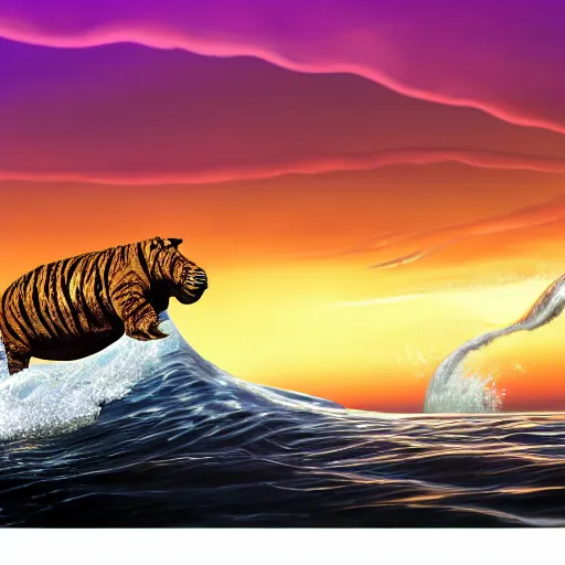 Image similar to a closeup photorealistic photograph of a cute smiling knitted tiger hippopotamus riding a wave at sunset. surf in background. professional capture. brightly lit scene. this 4 k hd image is trending on artstation, featured on behance, well - rendered, extra crisp, features intricate detail, epic composition and the style of unreal engine.