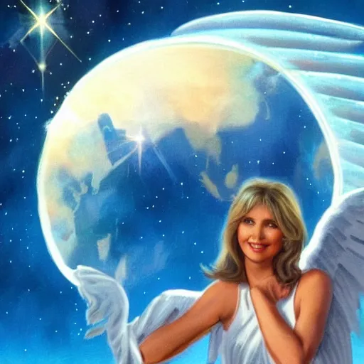 Image similar to Olivia Newton John as a beautiful angel looking at earth from heaven, trending on artstation,