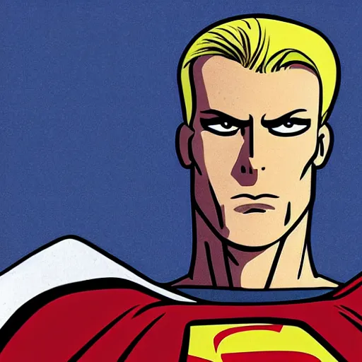 Image similar to portrait of a evil blonde superman two sides hair and thin face lines, his cape is the american flag, he is angry