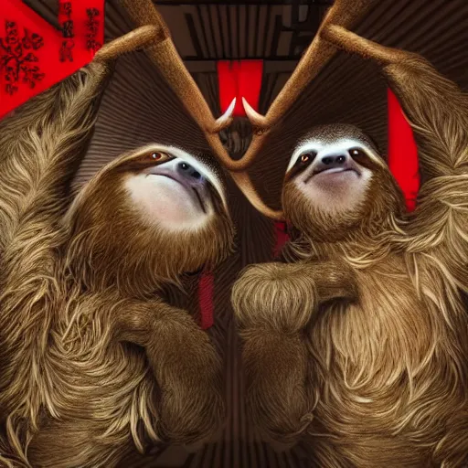 Image similar to a sloth vs reindeer kung fu style in a dojo, facing each other, aggressive sloth vs a muscled reindeer, best photo award, high quality 8 k, cinematic lighting, painting by kusama, high detail, realism : 9 5 %