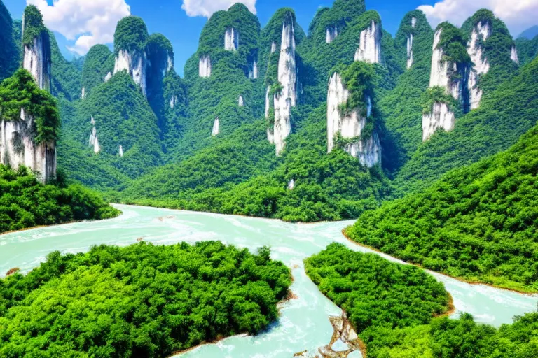 Image similar to wide, lush scenic landscape, grand majestic mountains, valley, river, karst chinese limestone mountains, blue sky, white clouds, professional photography, realistic, highly detailed, 8 k