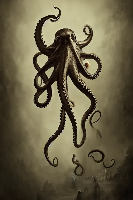 Prompt: wet plate photograph portrait of a victorian - era anthropomorphic octopus dressed in a victorian - era clothing, dramatic lighting, highly detailed, digital painting, artstation, concept art, smooth, sharp focus, illustration, art by wlop, mars ravelo and greg rutkowski