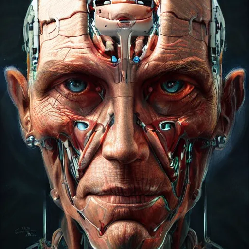 Prompt: centered front face portrait art illustration of an ultradetailed biomechanic evil neuronal cyborg, by greg rutkowski and Zdzisław Beksiński, mechanic, photorealistic, 8k, intricate, futuristic, dramatic light, trending on cg society