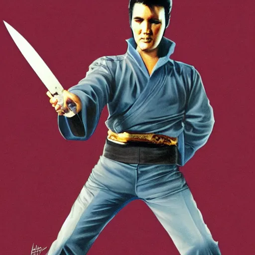 Image similar to elvis presley standing in a fighting stance holding a katana by the hilt with both hands ready to strike, realistic, digital painting, detailed,