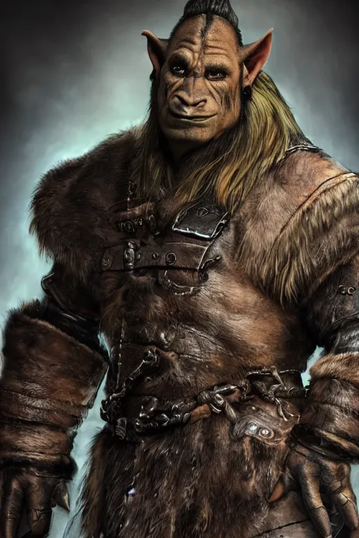 Prompt: A full body shot of a handsome orc looking into the camera wearing a leather fur jacket and leather boots, full body shot, detailed face, orc, portrait, artstation, realistic, highly detailed, symmetrical, D&D, Dungeons & Dragons, hyper realistic, dynamic pose, high detail, octane render, unreal engine, 8k, fantasy art, highly detailed, dramatic lighting, concept art