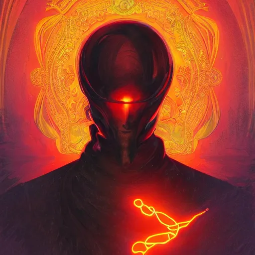 Image similar to phantom starring into the camera, fixed eyes, flowing black coat with glowing neon orange trim, inside a museum, colorful, surreal, dramatic lighting, face, detailed, intricate, elegant, highly detailed, digital painting, artstation,, concept art, smooth, sharp focus, illustration, art by sam spratt, dan mumford, artem demura and alphonse mucha