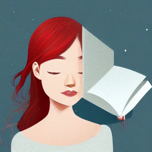 Prompt: A red haired girl rests her beautiful face and long hair over a book, she's sleeping, digital art, artstation