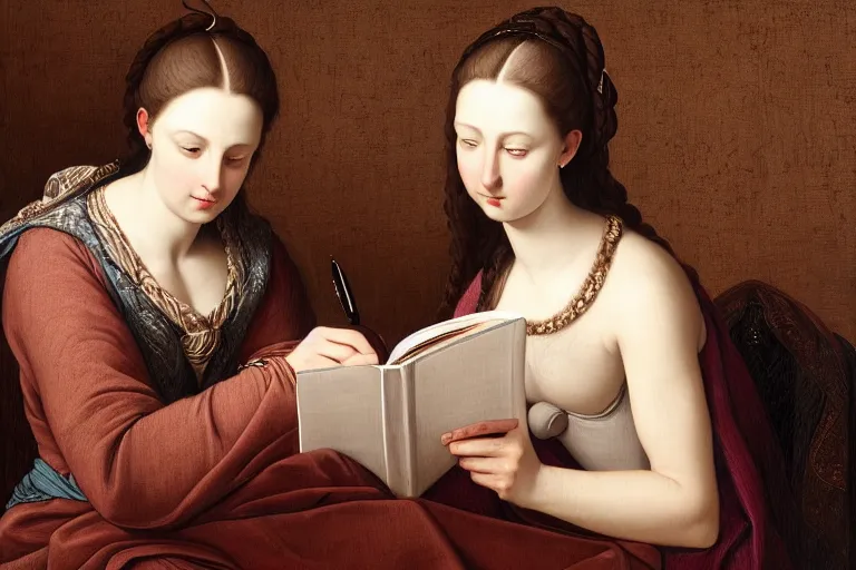 Image similar to portrait of two wise and very beautiful women reviewing some texts, art by tiziano, intricate, elegant, highly detailed, smooth, sharp focus, artstation