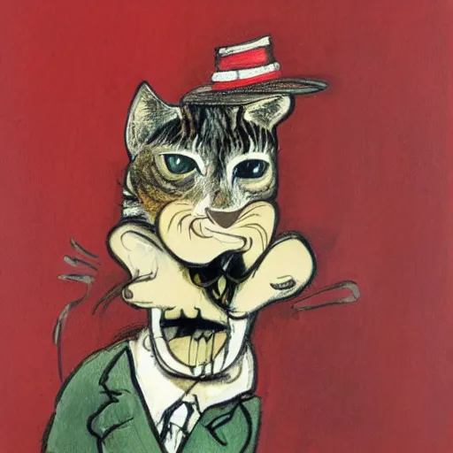 Prompt: a detailed portrait painting of a man with a cat on his back by gerald scarfe