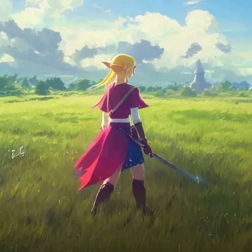 Image similar to zelda in a field. cgsociety masterpiece, artstation trending, by rossdraws, ghibli, kimi no na wa, greg rutkowski, simon stalberg, greg manchess