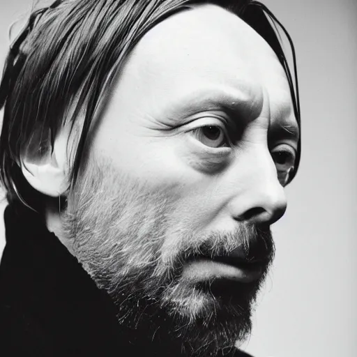 Image similar to Thom Yorke, a man with a beard and a black jacket, a portrait by John E. Berninger, dribble, neo-expressionism, uhd image, studio portrait, 1990s