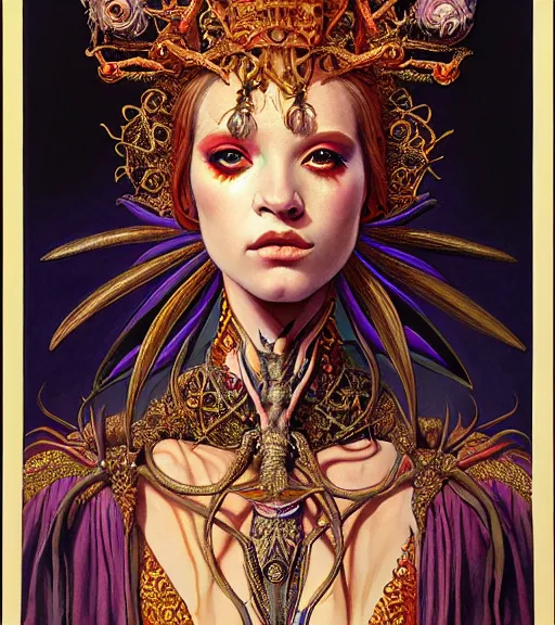 Prompt: symmetrical painting, a beautiful female succuba queen in dress, pretty, detailed and intricate, perfect body shape, perfect face, hypermaximalist, elegant, ornate, luxury, elite, matte painting, cinematic lighting, james jean, brian froud, wayne barlowe