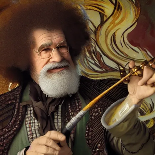 Image similar to an ultra detailed tarot card of bob ross smoking a pipe and dressed as a fantasy bard, d & d, epic fantasy, concept art by alphonse mucha and greg rutkowski, octane render, 8 k, detailed face