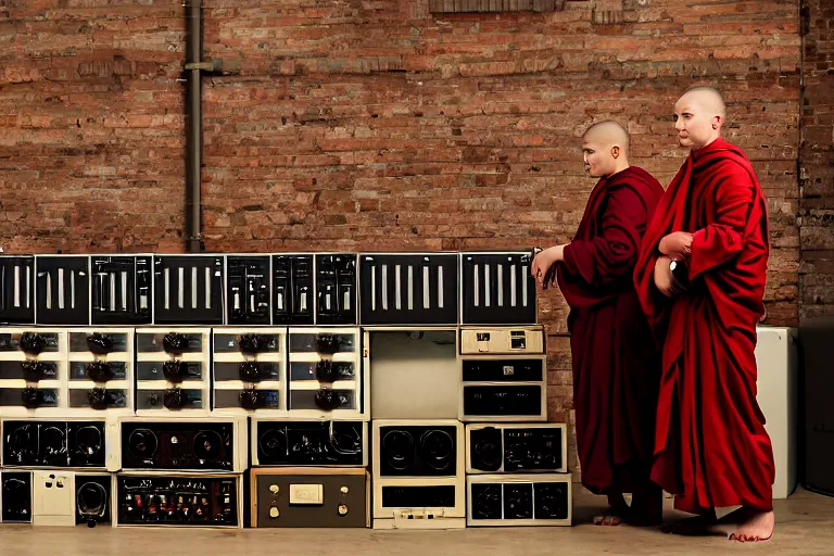 Prompt: monks in hooded robes stand in front of a wall of vintage amplifiers, smoke fills the space