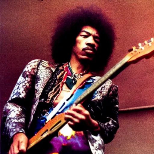 Image similar to jimi hendrix playing a guitar made of a big snake, color photo, cinematic