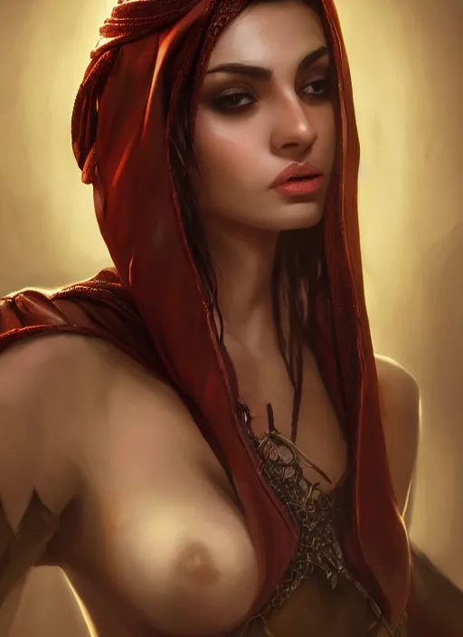 Prompt: Beautiful Arab girl with chest wrapped in bandages, leather, portrait, fantasy, medieval, vivid colors, fantasy, elegant, concept art, sharp focus, beautiful face, digital art, Hyper-realistic, 4K, Unreal Engine, Highly Detailed, HD, Dramatic Lighting by Brom, trending on Artstation