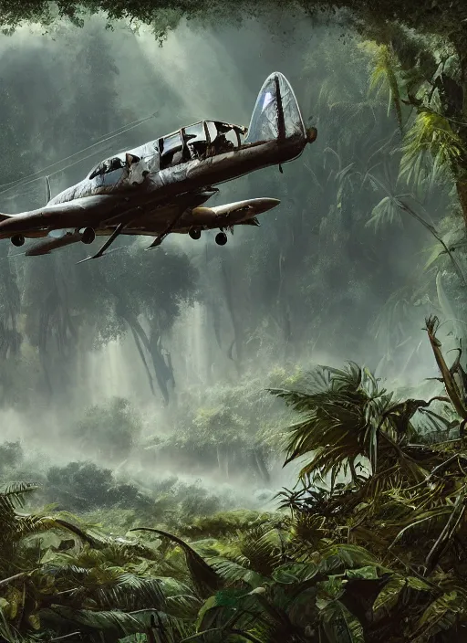 Image similar to World war airplane wreck in an exotic jungle, Dynamic lighting, cinematic, establishing shot, extremely high detail, photo realistic, cinematic lighting, pen and ink, intricate line drawings, post processed, concept art, artstation, matte painting, style by Raphael Lacoste, Eddie Mendoza