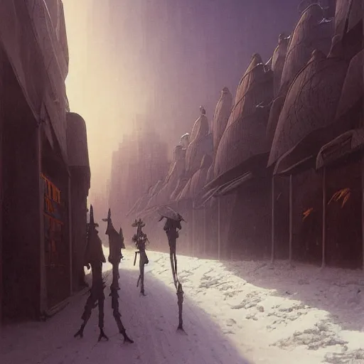 Image similar to portrait of masked dune dynasty on the snow art deco streets of the undying empire city of ya - sattra during the festival of masks in the night, award - winning realistic sci - fi concept art by beksinski, bruegel, greg rutkowski, alphonse mucha, and yoshitaka amano