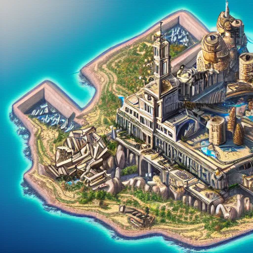 Prompt: French renaissance inspired steampunk coastal city, axonometric exploded view, high detail, 8k, photorealistic