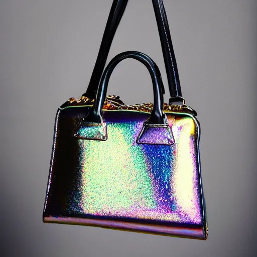 Image similar to a cool designer bag, iridescent color, fashion shooting, photorealistic symmetrical, studio photo