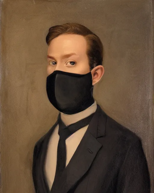 Image similar to portrait of young man wearing black medical mask, suit and tie, style of james c. christensen