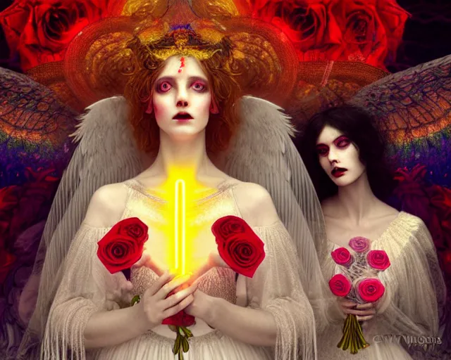 Prompt: three stunning goddesses with beautiful angelic faces, wearing psychedelic wicca, in wedding dresses, red neon roses, full body, dark and mysterious, atmospheric, ominous, eerie, cinematic light, epic, 8 k 3 d, ultra detail, ultra realistic, by wlop, by mucha, by giger