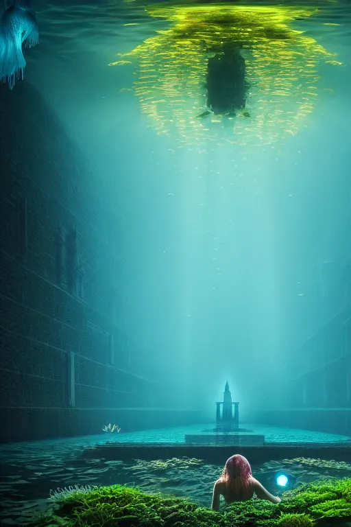 Image similar to high quality photo of cinematic underwater dystopian neo - gothic cathedral ruins with giant luminescent colorful aquatic plants and jellyfish, digital art masterpiece, aykut aydogdu eric zener, dramatic volumetric light, extreme long shot, ground angle uhd 8 k, sharp focus