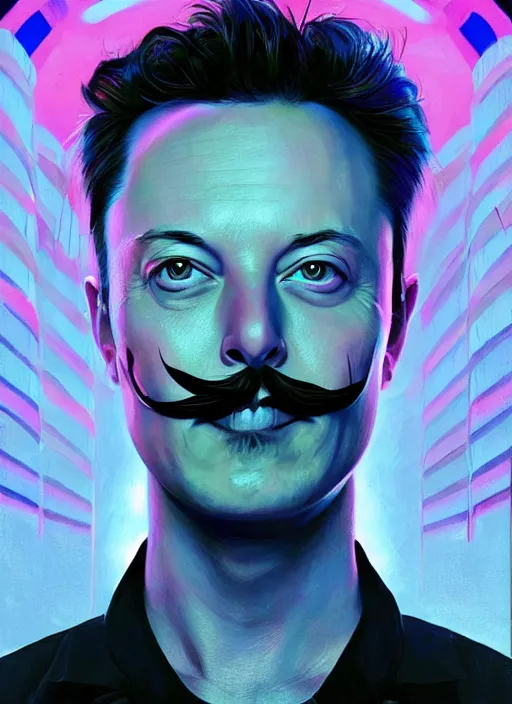 Image similar to symmetry!! portrait of elon musk with a salvador dali moustache intricate, neon lights, highly detailed, digital painting, artstation, concept art, smooth, sharp focus, illustration, art by artgerm and greg rutkowski