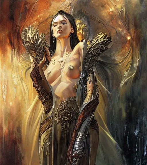 Prompt: a detailed painting of a fantasy priestess, art by karol bak and mark brooks and greg rutkowski, centered