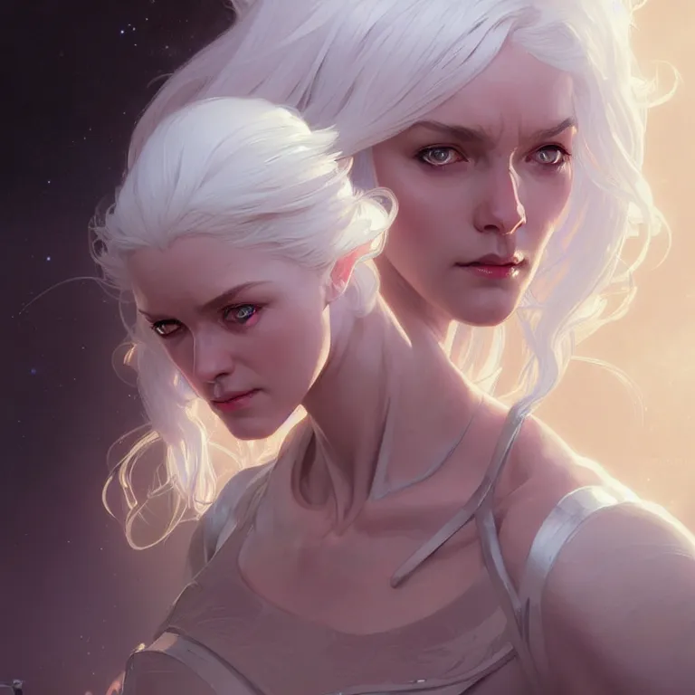 Prompt: gallent whitehaired girl portrait, sci-fi face, elegant, highly detailed, digital painting, artstation, concept art, smooth, sharp focus, illustration, art by artgerm and greg rutkowski and alphonse mucha